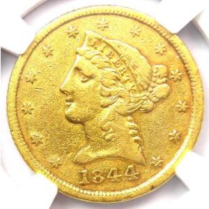 1844-D リバティ金貨ハーフイーグル 5ドル - NGC XF詳細（EF） - 希少なダロネガコイン！