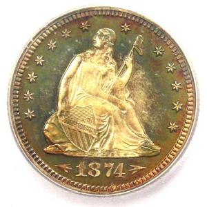 1874年 アローズ プルーフ シーテッド リバティ クォーター 25セント コイン - ICG PR66 - 8,310ドル相当！