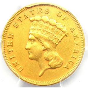 1883年発行の3ドルインディアン金貨 $3 - PCGS鑑定済みAU詳細 - 希少な年号！