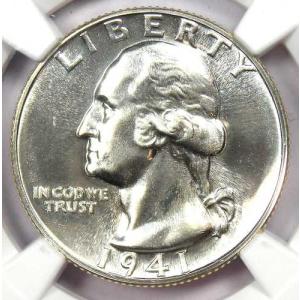 1941年プルーフワシントンクォーター25セント硬貨 - NGC PR68+プラスグレード。希少価値7,850ドル以上。