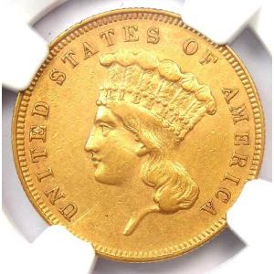 1862年発行の3ドル金貨（インド）$3 - NGC鑑定済みAU詳細 - 希少な年号！