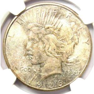 1926年Sミント発行ピース銀貨1ドル。NGC鑑定済みMS66+プラスグレード - NGC評価額17,500ドル。