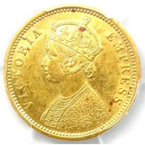 1885-C インド ヴィクトリア ゴールド モハール コイン - PCGS AU 鑑定済み詳細 - 希少！