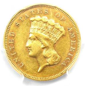 1881年 3ドル インディアン金貨 $3 - PCGS AU 鑑定済み詳細 - 希少な日付！