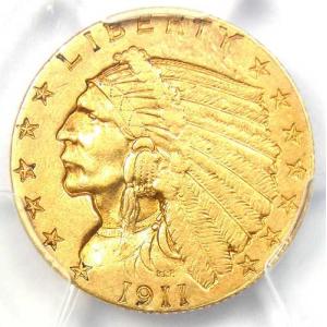 1911年Dミント インド金貨 クォーターイーグル 2.50ドル コイン ストロングD - PCGS鑑定済み AU 詳細