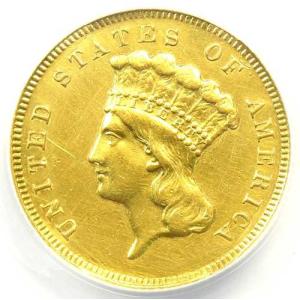 1881年 3ドル インディアン金貨 $3 - ANACS AU50 鑑定済み詳細 - 希少な日付！