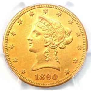 1890年CC リバティ・ゴールドイーグル10ドル カーソンシティコイン - PCGS鑑定済みAU詳細