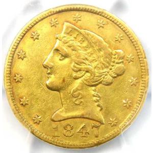 1847-C リバティ金貨ハーフイーグル 5ドル - PCGS AU 詳細 - 希少なシャーロット金貨！