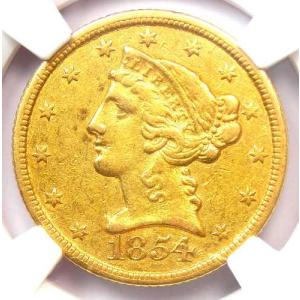 1854年Cミント リバティ金貨ハーフイーグル5ドル 状態不良C - NGC AU50 - シャーロット金貨！