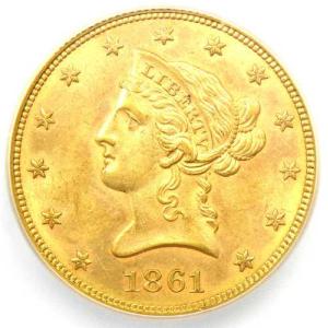 1861年リバティ・ゴールドイーグル10ドル硬貨 - ICG MS63（BU UNC）認定 - 希少な年号！