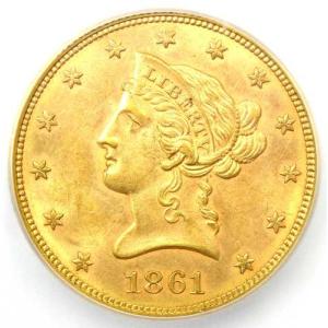 1861年リバティ・ゴールドイーグル10ドル硬...の詳細画像4