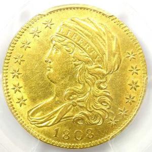 1808年キャップドバスト金貨ハーフイーグル5ドル硬貨 - PCGS AU認定詳細 - 希少品！