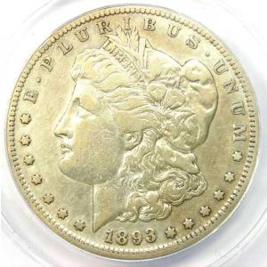 1893年Sミント モーガン銀貨（1ドル）。ANACS VF20認定。希少なキーデート。