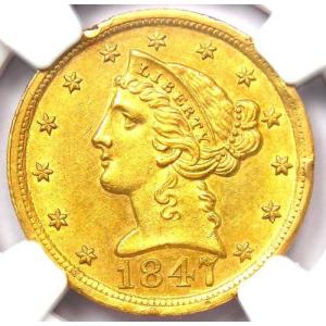1847-D リバティ金貨 ハーフイーグル ダロネガ $5 - NGC 未流通品詳細 (UNC MS)