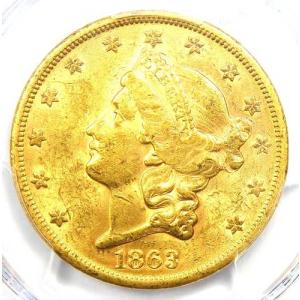 1863年Sミント リバティ金貨 ダブルイーグル 20ドル硬貨 - PCGS MS60 (BU UNC) - 9,250ドル相当
