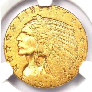 1911年Dミント インド金貨 ハーフイーグル 5ドル金貨 - NGC鑑定済み AU58 - 価値5,700ドル