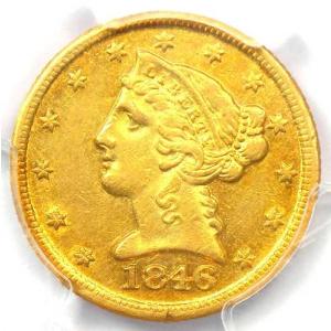 1846-D リバティ金貨ハーフイーグル 5ドル - PCGS AU 詳細 - 希少なダロネガ金貨！