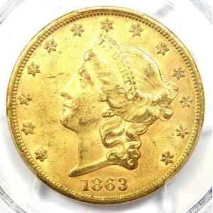 1863年Sミント リバティ金貨 ダブルイーグル 20ドル硬貨 - PCGS MS60 (BU UNC) - 価値8,750ドル