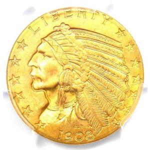 1908年インディアン金貨ハーフイーグル（5ドル） - PCGS MS64+グレード - 価値5,000ドル
