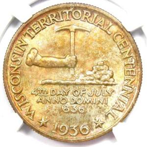 1936年ウィスコンシン州ハーフダラー50セント硬貨 - NGC MS68+プラスグレード - NGC評価額18,500ドル！