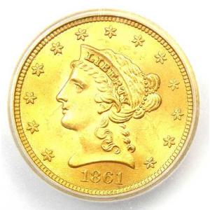 1861年リバティ金貨（クォーターイーグル、2.50ドル） - ICG MS66認定 - 価値8,100ドル