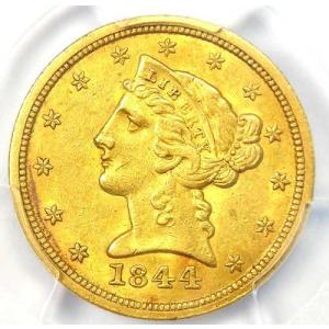 1844年Oミント発行のリバティ金貨ハーフイーグル（5ドル）、ニューオーリンズ造幣局発行コイン - PCGS鑑定グレードAU58 - 6,000ドル相当！
