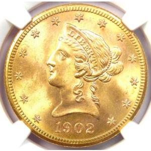 1902年Sミント リバティ・ゴールドイーグル10ドル金貨 - NGC MS66+プラスグレード - 価値16,800ドル