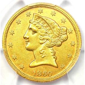 1860年Cミント リバティ金貨ハーフイーグル5ドル - PCGS鑑定済み（AU）詳細 - 希少なシャーロット金貨！