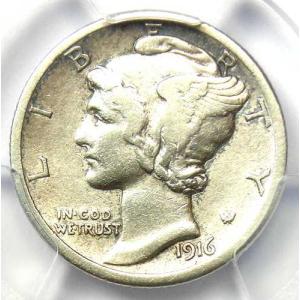 1916-D マーキュリーダイム 10セント硬貨 - PCGS AU 鑑定済み詳細 - 希少なキーデートのAU！