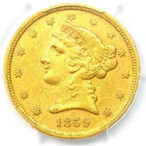 1859-C リバティ金貨ハーフイーグル 5ドル - PCGS AU 詳細 - 希少なシャーロット金貨！