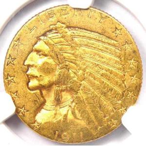 1911年Dミント インド金貨 ハーフイーグル 5ドル金貨 - NGC鑑定済み AU58 - 価値5,700ドル