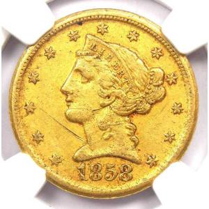 1858-D リバティ金貨ハーフイーグル 5ドル - NGC AU 詳細 - 希少なダロネガ金貨！