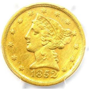 1852-D リバティ金貨ハーフイーグル 5ドル - PCGS AU 詳細 - 希少なダロネガ金貨！