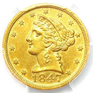 1847-D リバティ金貨ハーフイーグル 5ドル - PCGS AU 詳細 - 希少なダロネガ金貨！