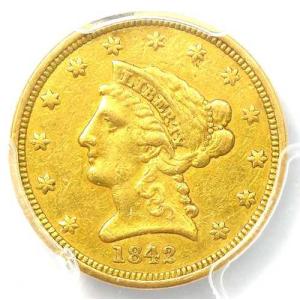 1842年 リバティ金貨（クォーターイーグル、2.50ドル）。PCGS社による鑑定済み、極美品。希少な年号！