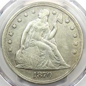 1870年CC シーテッド・リバティ銀貨 カーソンシティ $1 - PCGS鑑定済み AU 詳細