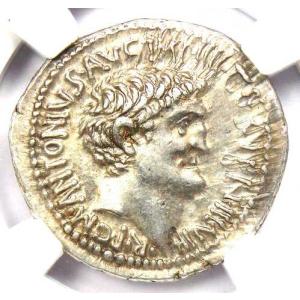 マルクス・アントニウスの肖像入り銀貨デナリウス 紀元前31年 D.トゥリリウス - NGC鑑定済み AU