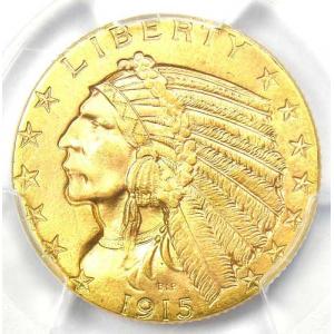 1915年インド金貨ハーフイーグル5ドル硬貨 - PCGS MS64+グレード - 6,500ドル相当