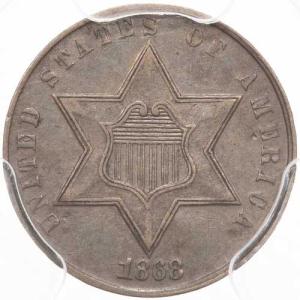 1868年 3CS PCGS AU53 3セン...の詳細画像1