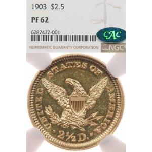 1903年 2.5ドル NGC PF62 CAC プルーフ金貨 リバティヘッド クォーターイーグル PR62