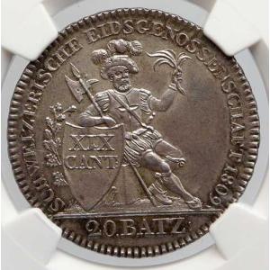 1809年 スイス アールガウ州 大型アンティーク スイス銀貨 20バッツェン NGC i90651