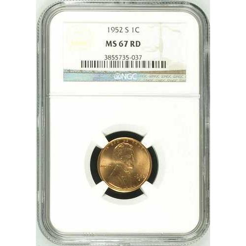 :1952-S 1セント リンカーンセント キーデート NGC MS67RD 輝く赤 希少度 R3 ...