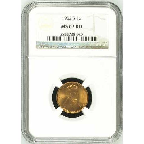 :1952-S 1セント リンカーンセント キーデート NGC MS67RD 輝く赤 希少度 R3 ...