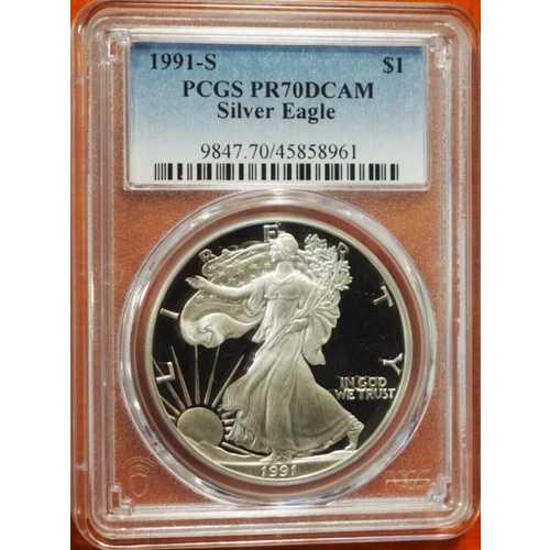 :1991-S S$1 シルバー アメリカンイーグル 1オンス スポトレス PCGS PR70 ディ...
