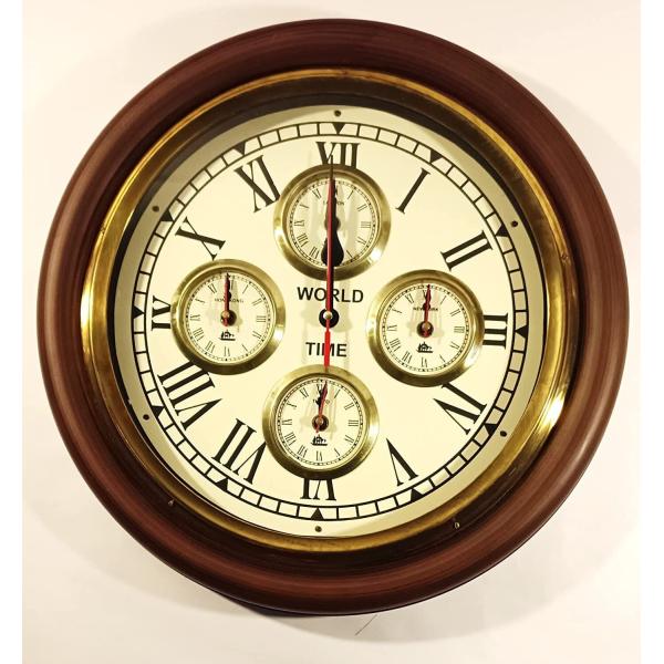 掛け時計 Vintage Brass Wooden Wall Clock World Time An...