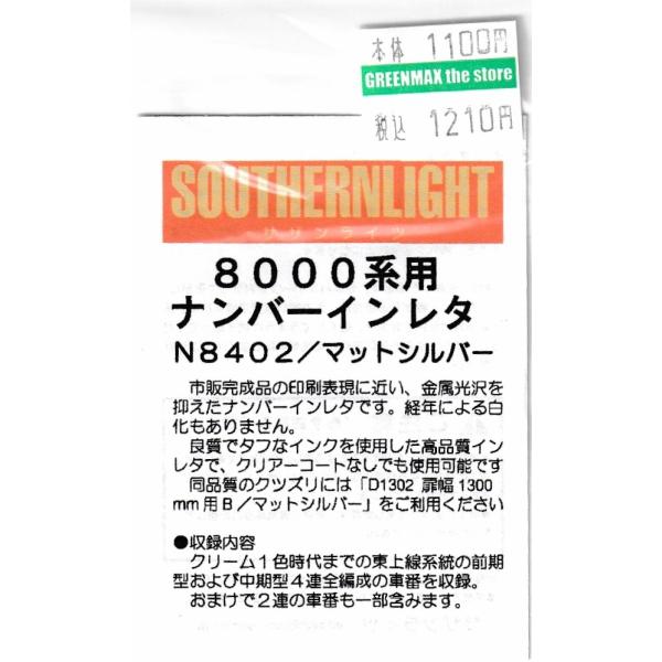 サザンライツ N-8402 8000系用ナンバーインレタ　マットシルバー