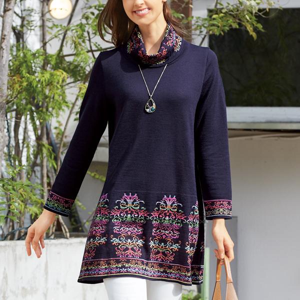 アンデスのぬくもり ＜華やぎのブルーフォンセ＞ 五泉ニット絣糸編みのＡラインあったかチュニック イン...