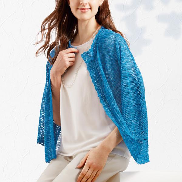 カーディガン 透かし編み シルク ブルー 青 ショート丈 夏 大人 上品 涼しい 薄手 絣糸 イヴリ...