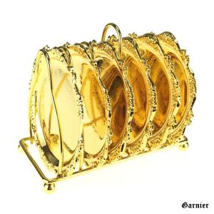 ゴージャス エレガント 皿 ディッシュ ソーサー コースター ゴールド 金 セット 6枚 スタンド付き ヨーロピアン バロック調｜gnb-garnier