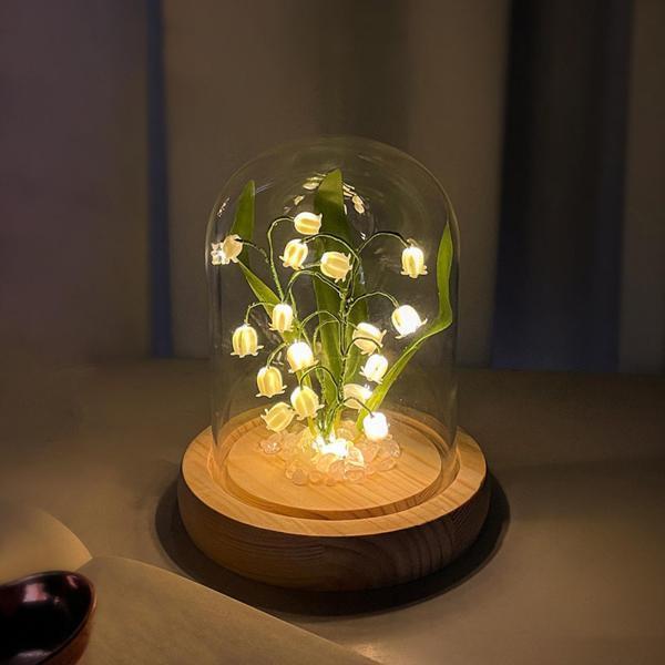 花ナイトライト LED ベッドサイドランプ 夜の光 木製ベース ドーム スズラン ライト寝室 装飾 ...